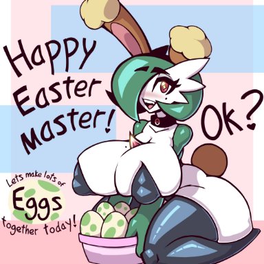 easter, pokemon, gardevoir, neayix, 1girls, breasts, bunny ears, bunny girl, bunnysuit, female, female only, huge breasts, looking at viewer, solo, thick thighs