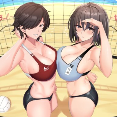 original character, original characters, castell, marushin (denwa0214), terasu mc, 2girls, breasts, madoka (terasu mc), miki (marushin), short hair, sports bra, sportswear, tomboy, volleyball