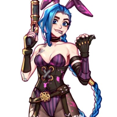 league of legends, league of legends: wild rift, jinx (league of legends), blushypixy, bunny ears, bunnysuit, holding gun