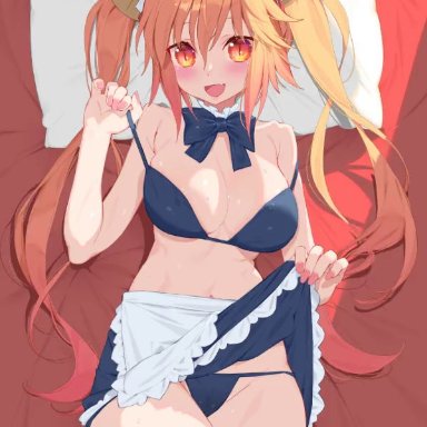 miss kobayashi's dragon maid, tohru (dragon maid), waterring, 1girls, :d, bed, big breasts, blonde hair, blush, bra, breasts, fangs, female, female focus, female only