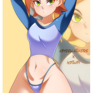 ben 10, gwen tennyson, abysswatchers, kdtwifi, 1girls, aged up, arms behind head, arms up, blush, breasts, clothing, collarbone, curvy, earrings, eyelashes