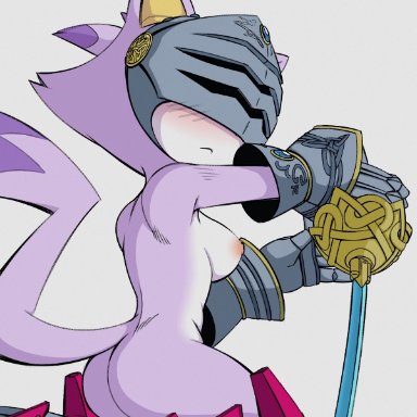 sonic (series), sonic and the black knight, blaze the cat, spassticus, 1girls, :&lt;, alternate breast size, anthro, areolae, armored boots, armored gloves, ass, blush, breasts, cat