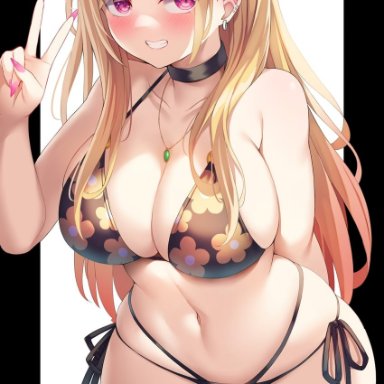 sono bisque doll wa koi wo suru, kitagawa marin, nano (syoutamho), 1girls, arm behind back, big breasts, bikini, blonde hair, blush, breasts, collar, curvy, earrings, female, female only