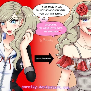 persona, persona 5, ann takamaki, porniky, 1girls, before and after, big breasts, blonde hair, blue eyes, blush, brainwashing, breasts, cleavage, collar, dress