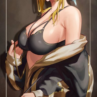 genshin impact, lumine (genshin impact), cozyu, 1girls, bare shoulders, black background, black bra, black robe, blonde hair, bra, breasts, cleavage, clothing, eyes visible through hair, feather hair ornament