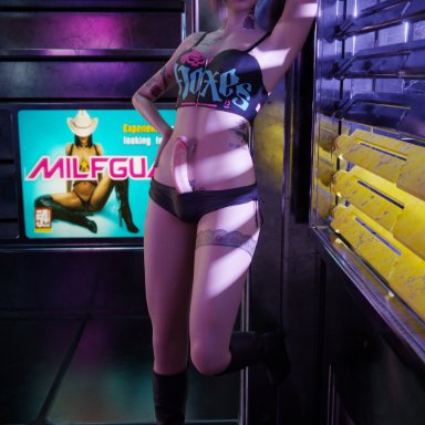 cyberpunk 2077, judy alvarez, holopointz, brazier, erection, erection under clothes, futa only, futanari, green hair, high heel boots, high heels, leaning, leaning back, leather boots, leather clothing