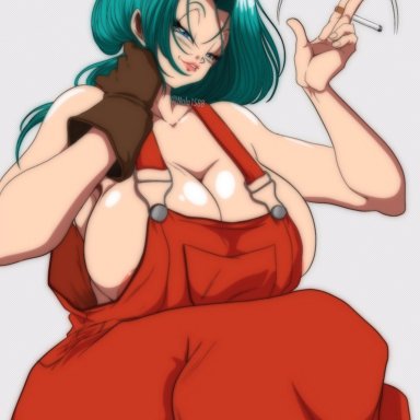 dragon ball, dragon ball z, shounen jump, bulma briefs, future bulma, nala1588, 1girls, areola slip, big breasts, blue eyes, blue hair, cigarette, female, female only, huge breasts