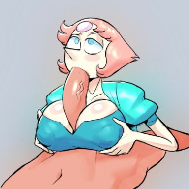 cartoon network, steven universe, gem (species), pearl (steven universe), thehoeartist, 1boy, 1girls, athletic female, big breasts, big penis, blowjob, blue eyes, blush, breasts, clothed female nude male