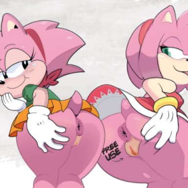 sega, sonic (series), sonic the hedgehog (series), amy rose, gosgoz, 2girls, 4 fingers, accessory, animal ears, anthro, anthro only, anthrofied, anus, ass, big ass