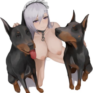 azur lane, belfast (azur lane), cheezebawls, 2dogs, breasts, canine, female, long hair, nude, purple eyes, silver hair, sitting, tongue out, zoophilia