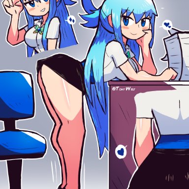 aqua (konosuba), tony welt, 1girls, ass, blue eyes, blue hair, breasts, eye contact, long hair, looking at viewer, miniskirt, secretary, shiny skin, skirt, solo