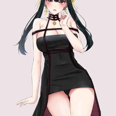 spy x family, yor briar, kirin3145, black dress, black panties, blush, breasts, cleavage, cowboy shot, dress, earrings, female, gold earrings, gold hairband, grey background