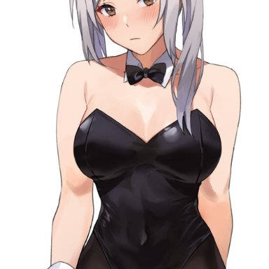 fire emblem, fire emblem: awakening, nintendo, robin (fire emblem), robin (fire emblem) (female), kamu (kamuuei), 1girls, animal ears, ass visible through thighs, bare shoulders, black bow, black bowtie, black legwear, blush, bow