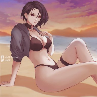 fire emblem, fire emblem: three houses, fire emblem heroes, nintendo, shamir nevrand, johncgz, 1girls, alternate costume, asymmetrical hair, beach, belly, bikini, black bikini, black swimsuit, breasts