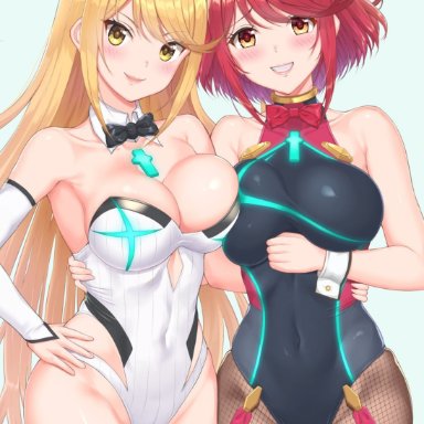 nintendo, xenoblade (series), xenoblade chronicles 2, mythra, pyra, sssemiii, 2girls, alternate costume, arm around back, blonde hair, blush, bowtie, breasts, cleavage, female