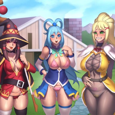 aqua (konosuba), darkness (konosuba), megumin, lycra (artist), big breasts, erect nipples, huge breasts, skimpy, skimpy clothes, small breasts