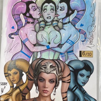 star wars, the book of boba fett, character request, garsa fwip, original character, twi'lek, nathan szerdy, 6girls, alien, alien girl, armwear, big breasts, black lipstick, blue skin, bra