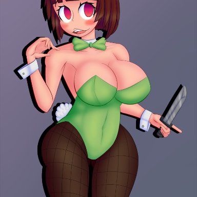 undertale, chara, mrcrabx10, big breasts, blush, breasts, brown hair, bunny ears, bunny girl, bunnysuit, female, female only, knife, light skin, red eyes