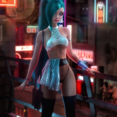 league of legends, slushe (website), seraphine (league of legends), therealzoh, zoh, 1girls, blue hair, city, depth of field, earrings, female, female only, fishnet pantyhose, fishnets, k/da seraphine
