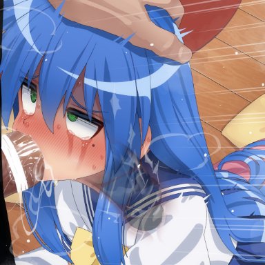 lucky star, konata izumi, mizumizuni, 1boy, 1girls, big penis, blowjob, blue hair, blush, deepthroat, fellatio, forced, forced oral, green eyes, hand on head