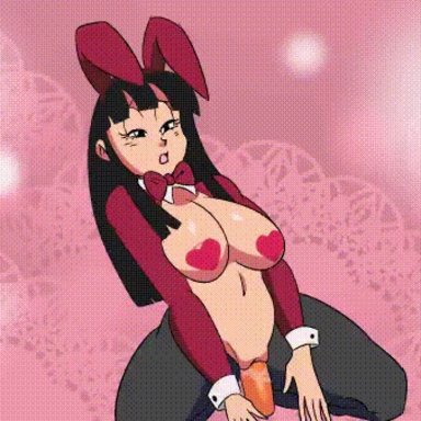 dragon ball, chichi, funsexydragonball, black eyes, black hair, bouncing breasts, bunny ears, bunny girl, bunnysuit, closed eyes, covered nipples, deep penetration, dildo, dildo in pussy, dildo penetration