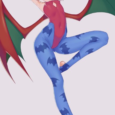 capcom, darkstalkers, lilith aensland, fukumenshi, 1girls, arms behind head, armwear, barefoot, bat print, bent leg, blue pantyhose, demon wings, female, female only, flat chest