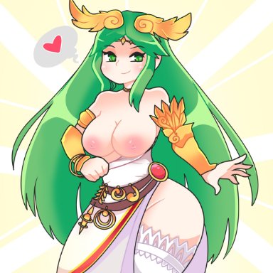 kid icarus, kid icarus uprising, nintendo, palutena, onigiri punch, 1girls, absurdly long hair, belt, breasts, deity, female, female focus, flashing, goddess, gold jewelry