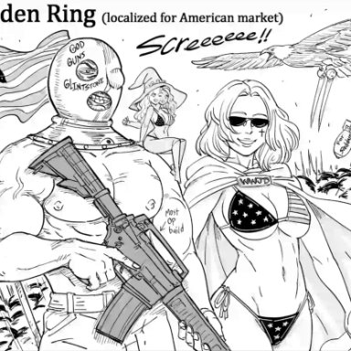 elden ring, living jar (elden ring), melina (elden ring), ranni the witch, tarnished, warhawk (elden ring), bb (baalbuddy), 2girls, american flag, american flag bikini, bikini, female, funny, animated, meme