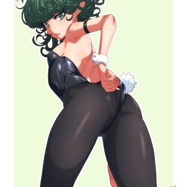 one-punch man, tatsumaki, abiko zyozi, 1girls, bare back, bunny ears, bunnysuit, female, female only, green eyes, green hair, looking back, small breasts, solo, hi res