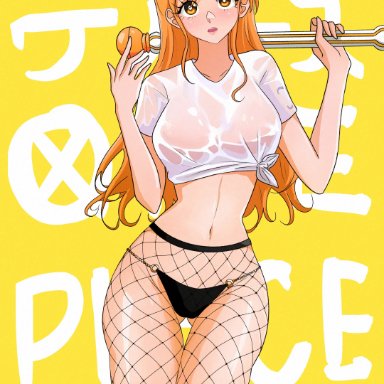 one piece, nami, opalisart, 1girls, big breasts, blush, breasts, brown eyes, clima-tact, curvy, female, female only, fishnet legwear, fishnet pantyhose, fishnets