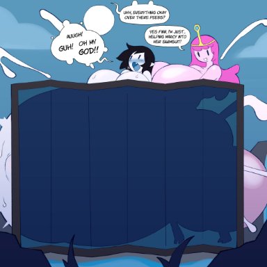 adventure time, marceline, princess bubblegum, angstrom, 1futa, 1girls, big belly, big breasts, cum, curtains, duo, futanari, inflation, princess, royalty