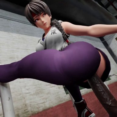 art of fighting, king of fighters, yuri sakazaki, evilaudio, greatojama, kaliethva, 1boy, 1girls, bouncing ass, bouncing breasts, braided hair, braided ponytail, clothed female, clothed female nude male, clothed sex