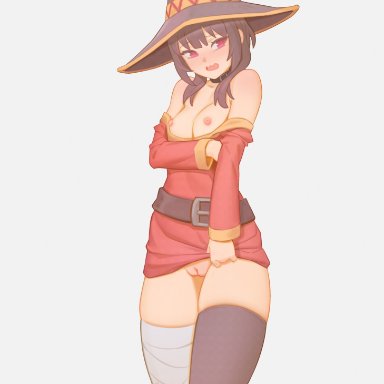 megumin, bartolomeobari, asymmetrical legwear, bandaged leg, bandages, bangs, bare shoulders, black collar, black hair, black legwear, blush, breasts, breasts out, clothes pull, collar