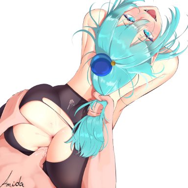 aqua (konosuba), amidasketchbook, 1boy, 1girls, anus, ass, ass grab, big ass, big butt, blue eyes, blue hair, blush, female, hair pull, long hair