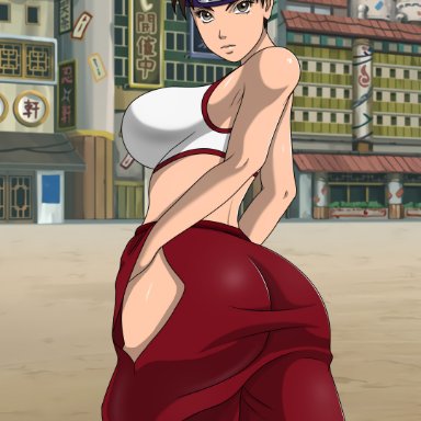 naruto, naruto (series), naruto shippuden, tenten, guja, 1girls, ass, bare shoulders, big ass, bottom heavy, breasts, brown hair, bubble butt, butt crack, clothed