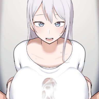 kisaragi reona, big breasts, clothed paizuri, ejaculation between breasts, happy, naughty face, paizuri, white hair, animated, animated gif, gif