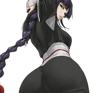 bleach, kurotsuchi nemu, ozkh, 1girls, arm behind head, arm guards, arms up, back view, bare back, bare legs, blunt bangs, braid, braided hair, braided ponytail, breasts