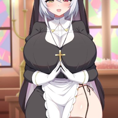 original, alicia renato (yashiro sousaku), haikome, 1girls, breasts, female, female only, heterochromia, large breasts, looking at viewer, nun, solo, thighhighs, thighs, white hair
