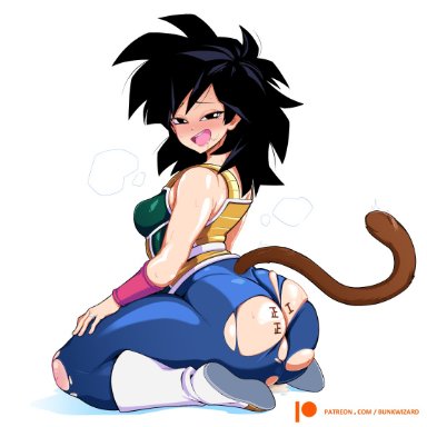 dragon ball, dragon ball z, gine, bunkwizard, 1girls, ass, big ass, black hair, body writing, bodysuit, boots, breasts, eye contact, female, long hair