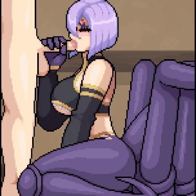 monster musume no iru nichijou, rachnera arachnera, james cabello, breasts, clothed female nude male, kneeling, large breasts, lavender hair, monster girl, oral, penis grab, pink eyes, purple hair, short hair, spider girl