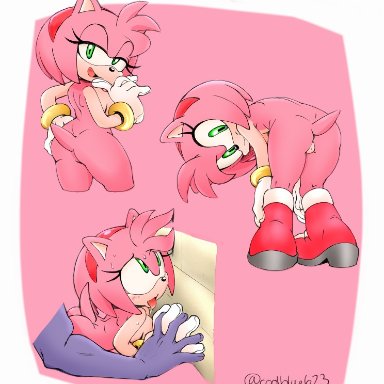 sonic (series), amy rose, coolblue, roundpeach, against wall, ahe gao, ambiguous penetration, ambiguous species, anthro, ass, bent over, blush, boots, bracelet, breasts