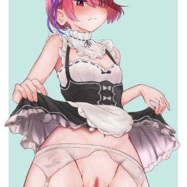 ram (re:zero), poteto&#12290;, 1girls, annoyed, blush, cleavage, lifted by self, maid, maid headdress, maid uniform, miniskirt, navel, no panties, oni, oni female