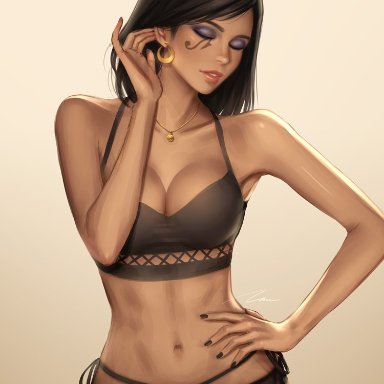 blizzard entertainment, overwatch, pharah, umigraphics, 1girls, alternate breast size, big breasts, breasts, brown hair, busty, casual exposure, casual nudity, closed eyes, dark-skinned female, dark skin