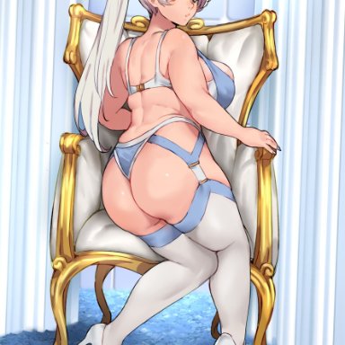 rwby, weiss schnee, keigi (artist), ass, back, blue eyes, bra, breasts, chair, female, garter belt, garter straps, high heels, huge ass, large breasts