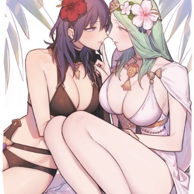 fire emblem, fire emblem: three houses, fire emblem heroes, byleth (fire emblem), byleth (fire emblem) (female), rhea (fire emblem), ikarin, 2girls, alternate costume, bangs, bikini, black bikini, black swimsuit, blush, breasts