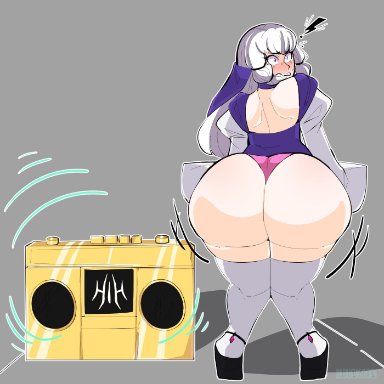fire emblem, fire emblem: three houses, lysithea von ordelia, bluueygooey, !, 1girls, ass, ass expansion, back, back view, backless outfit, bangs, bare back, blush, boombox