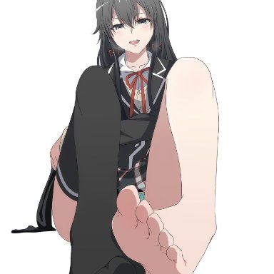 my teen romantic comedy snafu, yukinoshita yukino, ze r0 ze r0, 1girls, aroused, barefoot, black hair, blue eyes, blush, bow, eyes half open, feet together, feet towards viewer, foot fetish, foot focus