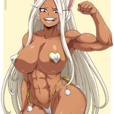 my hero academia, miruko, rumi usagiyama, sano-br, 1girls, abs, animal ears, areolae, big breasts, bikini bottom, breasts, cameltoe, dark skin, flexing, long hair