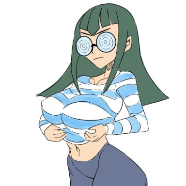 yu-gi-oh! 5d's, carly nagisa, profit, 1girls, areolae, big areola, big breasts, big nipples, erect nipples, exposed breasts, female, female focus, female only, glasses, green hair