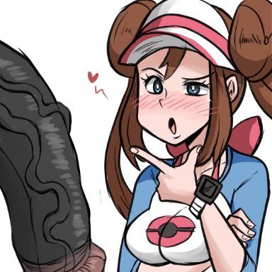 nintendo, pokemon, pokemon bw2, rosa (pokemon), rider117, animal genitalia, animal penis, big penis, black penis, blue eyes, blush, breasts, brown hair, clock, clothed